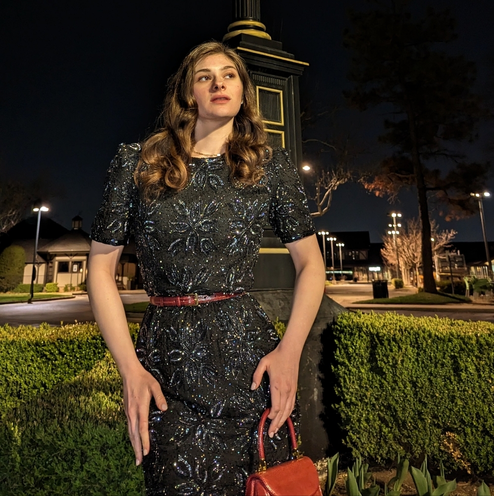 Vintage 1990's Adrianna Papell Beaded Sequin Cocktail Dress